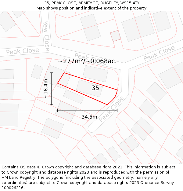 35, PEAK CLOSE, ARMITAGE, RUGELEY, WS15 4TY: Plot and title map