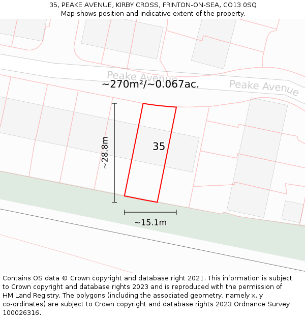 35, PEAKE AVENUE, KIRBY CROSS, FRINTON-ON-SEA, CO13 0SQ: Plot and title map