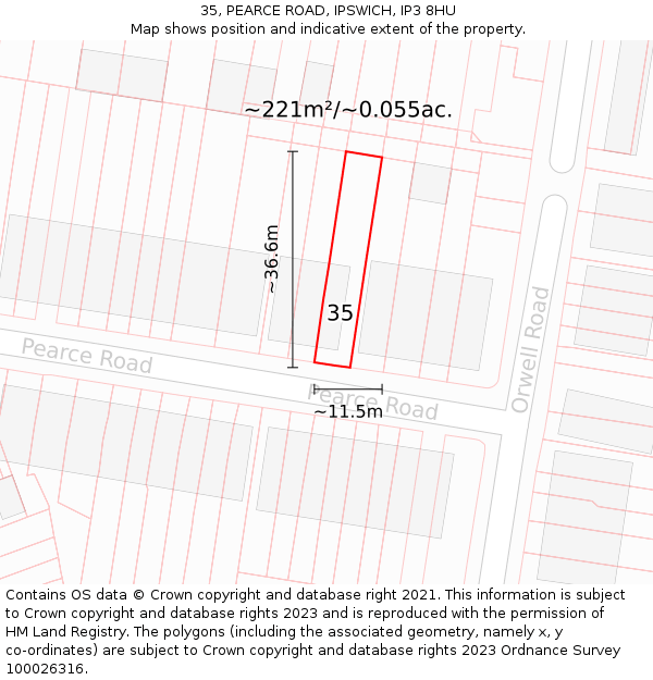 35, PEARCE ROAD, IPSWICH, IP3 8HU: Plot and title map