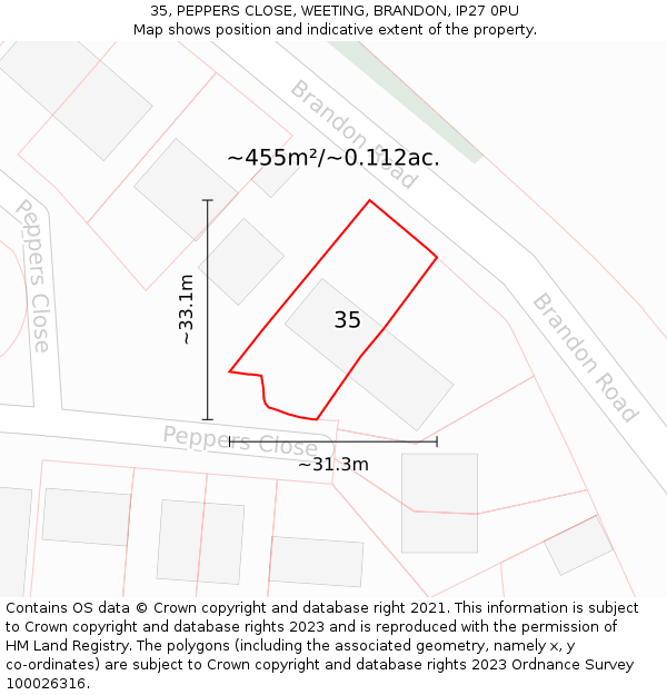 35, PEPPERS CLOSE, WEETING, BRANDON, IP27 0PU: Plot and title map