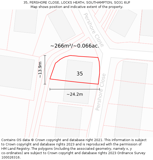 35, PERSHORE CLOSE, LOCKS HEATH, SOUTHAMPTON, SO31 6UF: Plot and title map