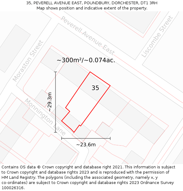 35, PEVERELL AVENUE EAST, POUNDBURY, DORCHESTER, DT1 3RH: Plot and title map