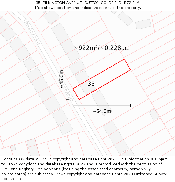 35, PILKINGTON AVENUE, SUTTON COLDFIELD, B72 1LA: Plot and title map