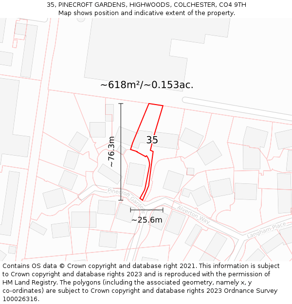 35, PINECROFT GARDENS, HIGHWOODS, COLCHESTER, CO4 9TH: Plot and title map