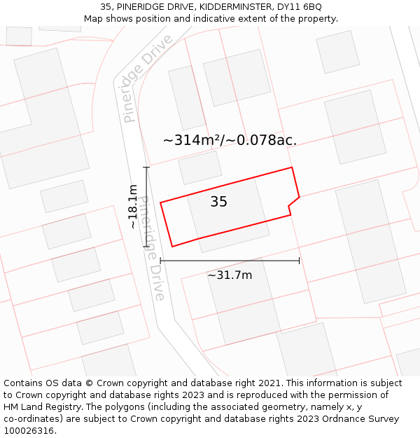 35, PINERIDGE DRIVE, KIDDERMINSTER, DY11 6BQ: Plot and title map