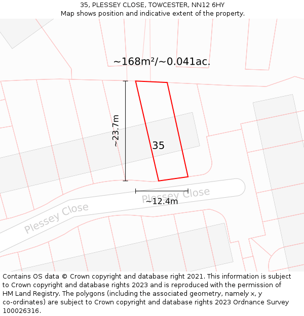 35, PLESSEY CLOSE, TOWCESTER, NN12 6HY: Plot and title map