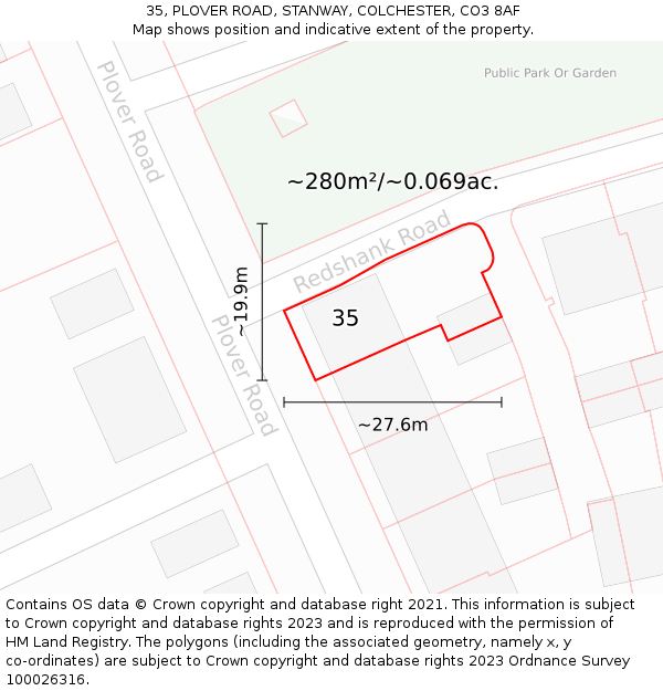 35, PLOVER ROAD, STANWAY, COLCHESTER, CO3 8AF: Plot and title map