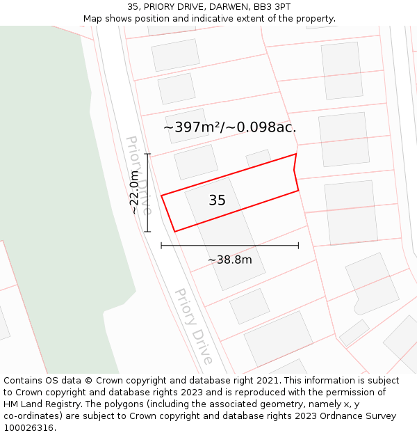 35, PRIORY DRIVE, DARWEN, BB3 3PT: Plot and title map