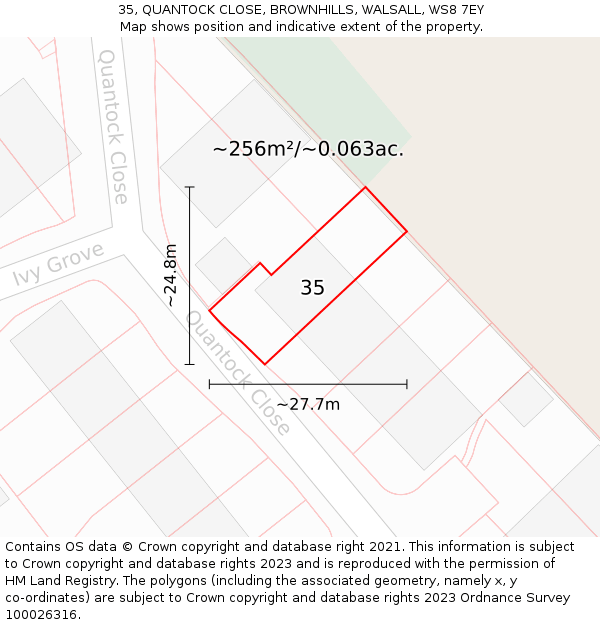 35, QUANTOCK CLOSE, BROWNHILLS, WALSALL, WS8 7EY: Plot and title map