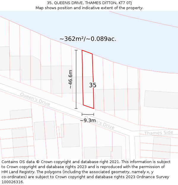 35, QUEENS DRIVE, THAMES DITTON, KT7 0TJ: Plot and title map