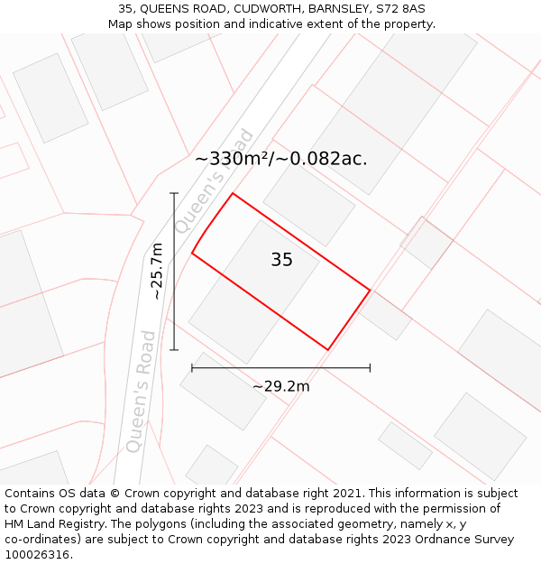 35, QUEENS ROAD, CUDWORTH, BARNSLEY, S72 8AS: Plot and title map