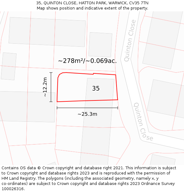 35, QUINTON CLOSE, HATTON PARK, WARWICK, CV35 7TN: Plot and title map