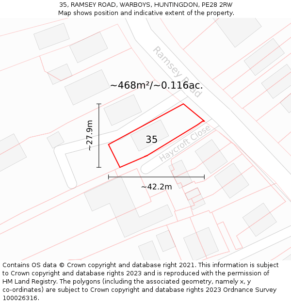 35, RAMSEY ROAD, WARBOYS, HUNTINGDON, PE28 2RW: Plot and title map