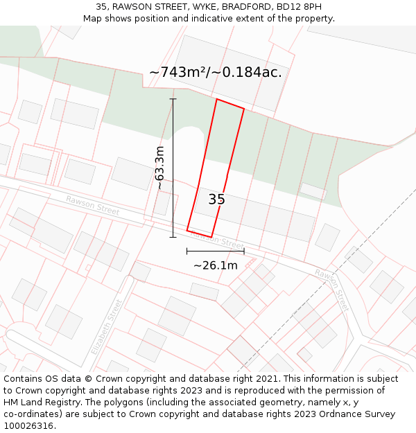 35, RAWSON STREET, WYKE, BRADFORD, BD12 8PH: Plot and title map