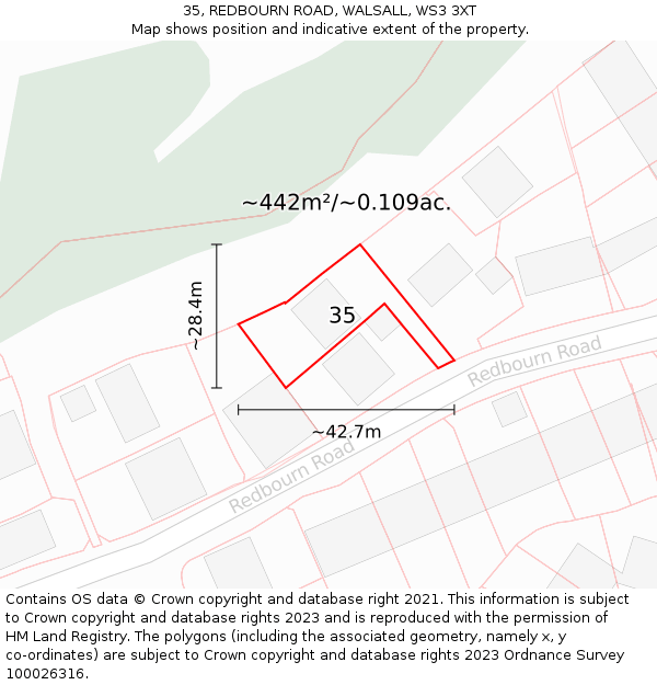 35, REDBOURN ROAD, WALSALL, WS3 3XT: Plot and title map