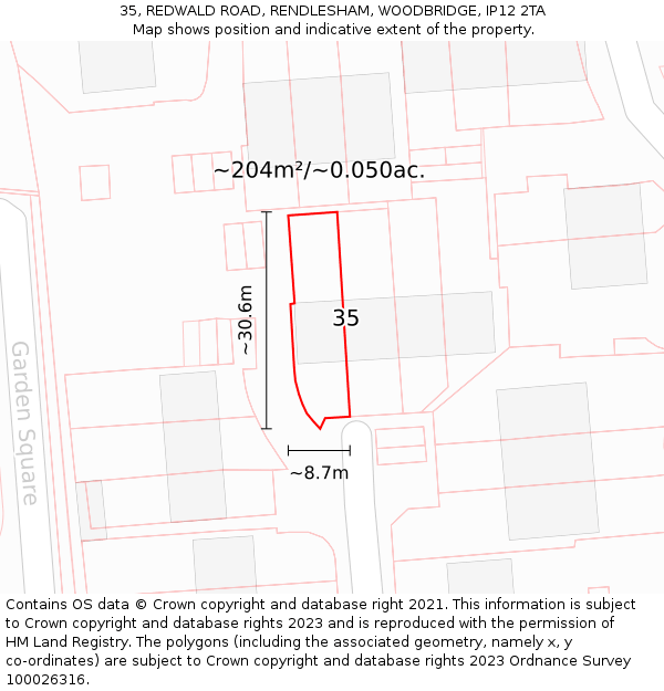 35, REDWALD ROAD, RENDLESHAM, WOODBRIDGE, IP12 2TA: Plot and title map