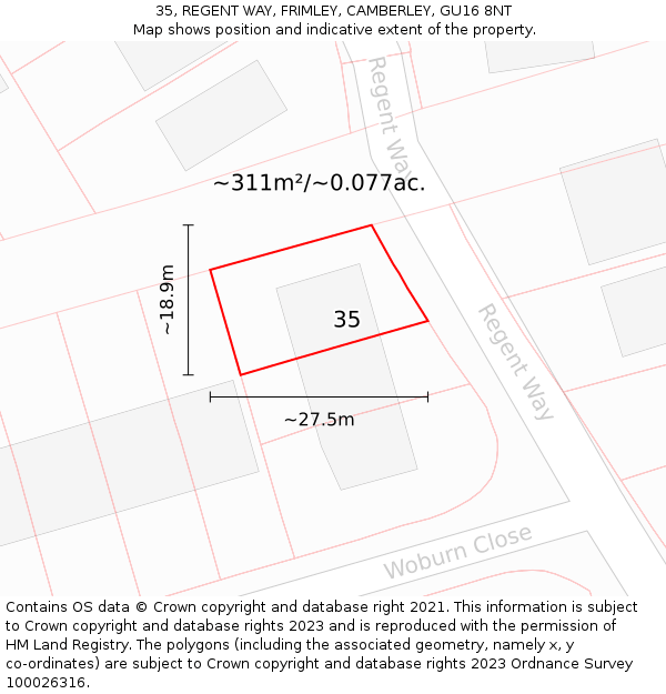 35, REGENT WAY, FRIMLEY, CAMBERLEY, GU16 8NT: Plot and title map