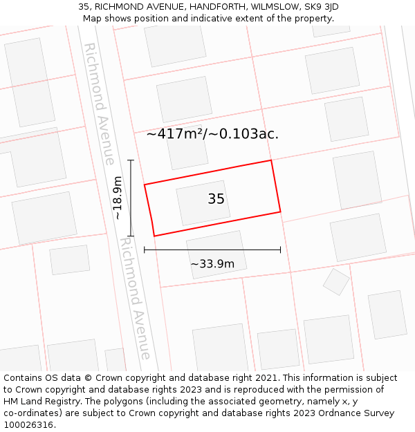 35, RICHMOND AVENUE, HANDFORTH, WILMSLOW, SK9 3JD: Plot and title map