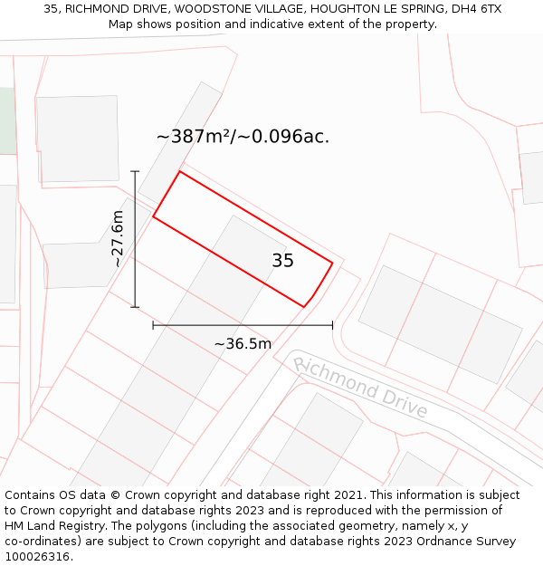 35, RICHMOND DRIVE, WOODSTONE VILLAGE, HOUGHTON LE SPRING, DH4 6TX: Plot and title map