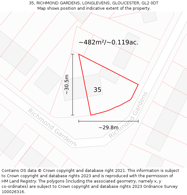 35, RICHMOND GARDENS, LONGLEVENS, GLOUCESTER, GL2 0DT: Plot and title map