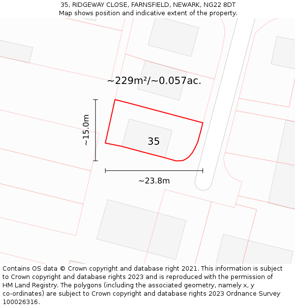 35, RIDGEWAY CLOSE, FARNSFIELD, NEWARK, NG22 8DT: Plot and title map