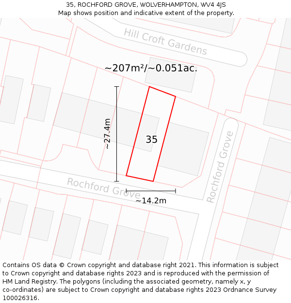 35, ROCHFORD GROVE, WOLVERHAMPTON, WV4 4JS: Plot and title map