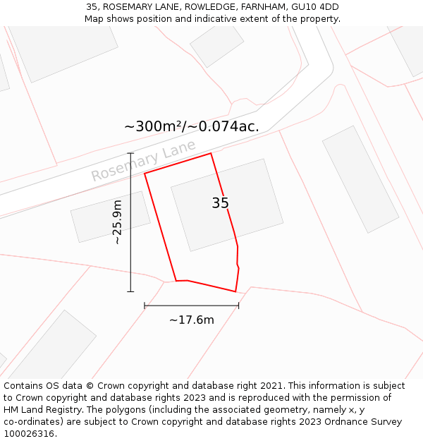 35, ROSEMARY LANE, ROWLEDGE, FARNHAM, GU10 4DD: Plot and title map