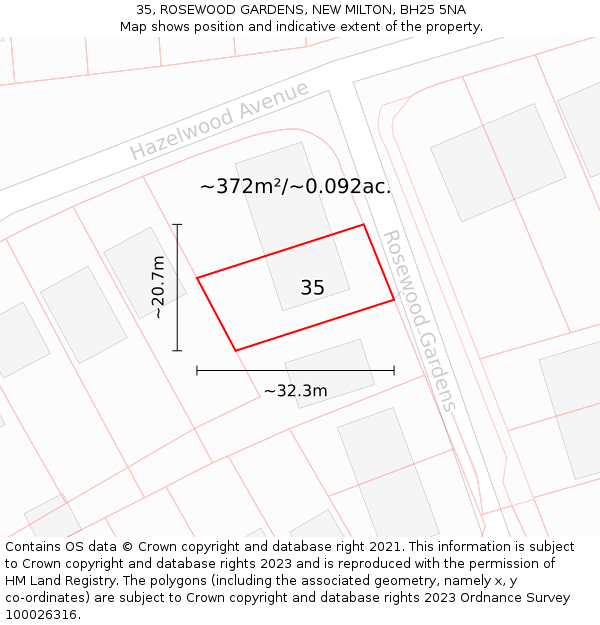 35, ROSEWOOD GARDENS, NEW MILTON, BH25 5NA: Plot and title map