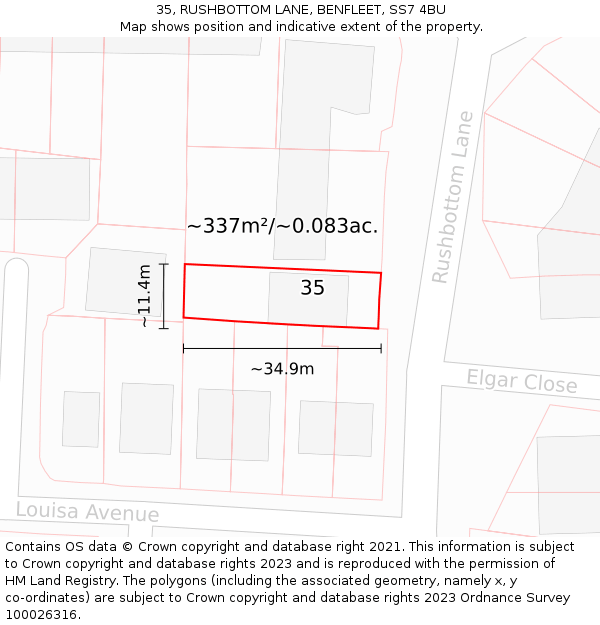 35, RUSHBOTTOM LANE, BENFLEET, SS7 4BU: Plot and title map
