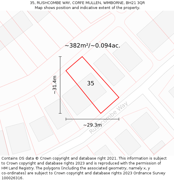 35, RUSHCOMBE WAY, CORFE MULLEN, WIMBORNE, BH21 3QR: Plot and title map