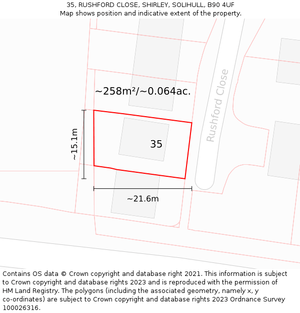35, RUSHFORD CLOSE, SHIRLEY, SOLIHULL, B90 4UF: Plot and title map