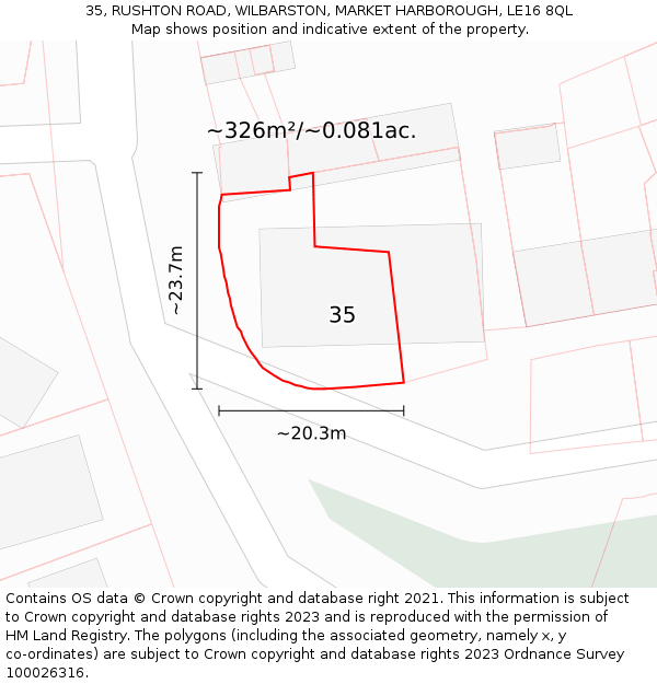35, RUSHTON ROAD, WILBARSTON, MARKET HARBOROUGH, LE16 8QL: Plot and title map