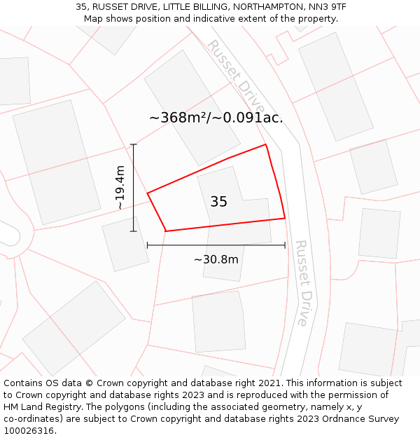 35, RUSSET DRIVE, LITTLE BILLING, NORTHAMPTON, NN3 9TF: Plot and title map