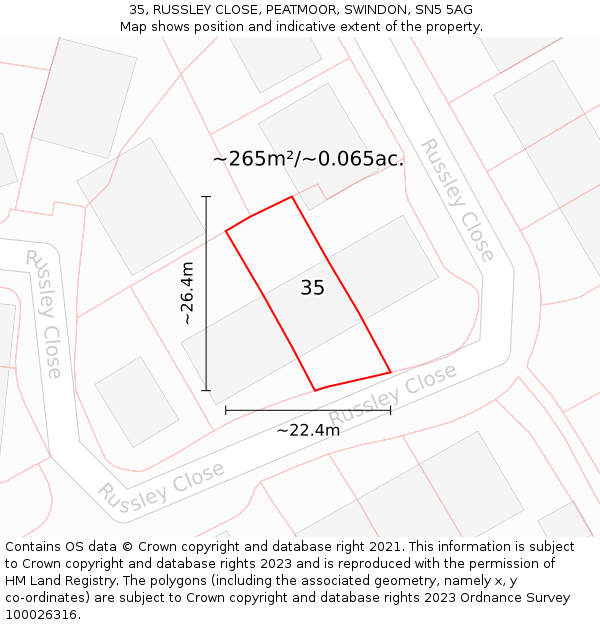 35, RUSSLEY CLOSE, PEATMOOR, SWINDON, SN5 5AG: Plot and title map