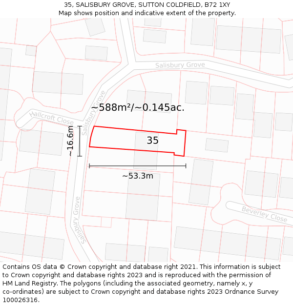 35, SALISBURY GROVE, SUTTON COLDFIELD, B72 1XY: Plot and title map