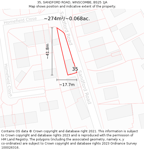 35, SANDFORD ROAD, WINSCOMBE, BS25 1JA: Plot and title map