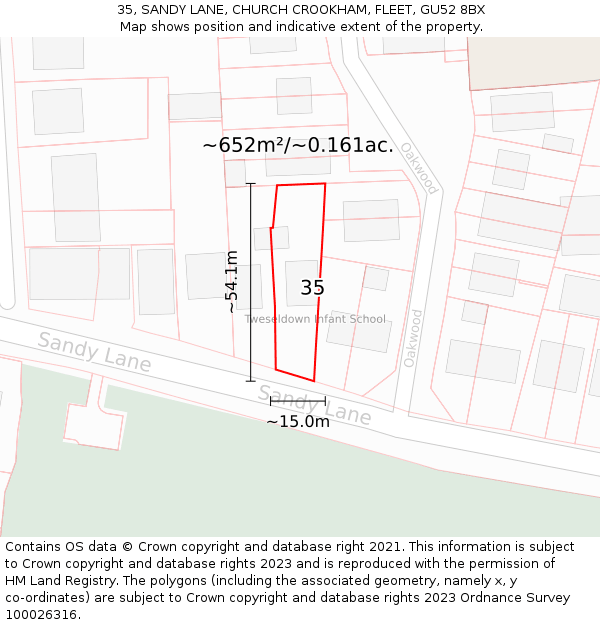 35, SANDY LANE, CHURCH CROOKHAM, FLEET, GU52 8BX: Plot and title map