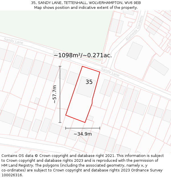 35, SANDY LANE, TETTENHALL, WOLVERHAMPTON, WV6 9EB: Plot and title map