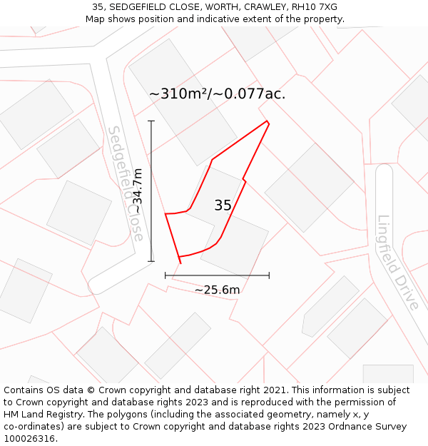 35, SEDGEFIELD CLOSE, WORTH, CRAWLEY, RH10 7XG: Plot and title map