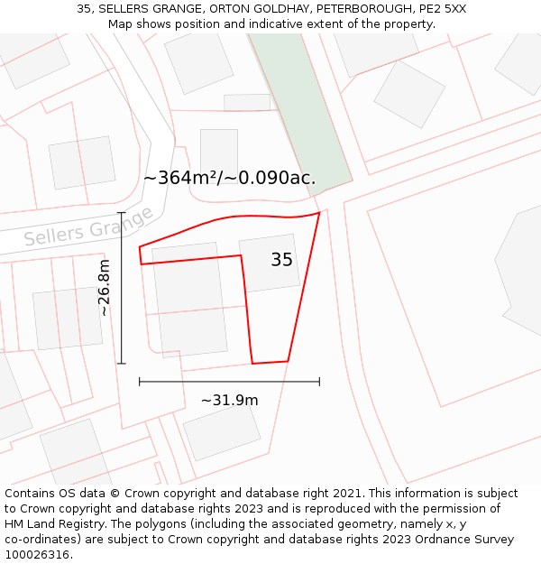 35, SELLERS GRANGE, ORTON GOLDHAY, PETERBOROUGH, PE2 5XX: Plot and title map