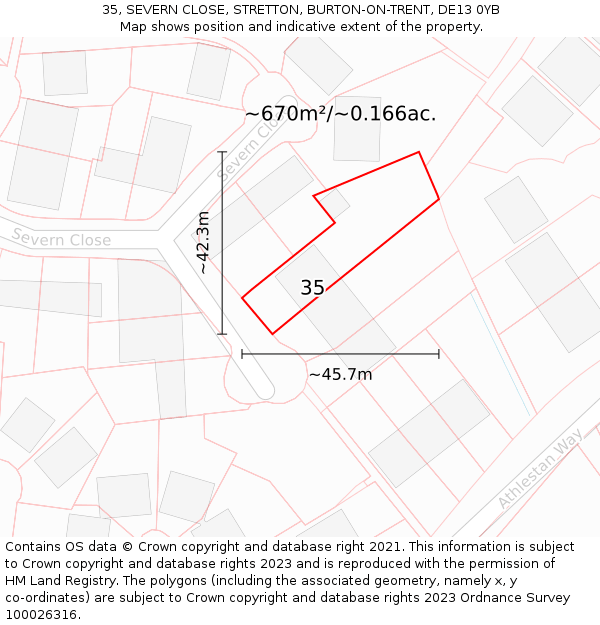 35, SEVERN CLOSE, STRETTON, BURTON-ON-TRENT, DE13 0YB: Plot and title map