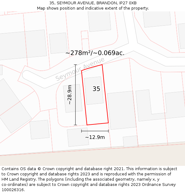 35, SEYMOUR AVENUE, BRANDON, IP27 0XB: Plot and title map