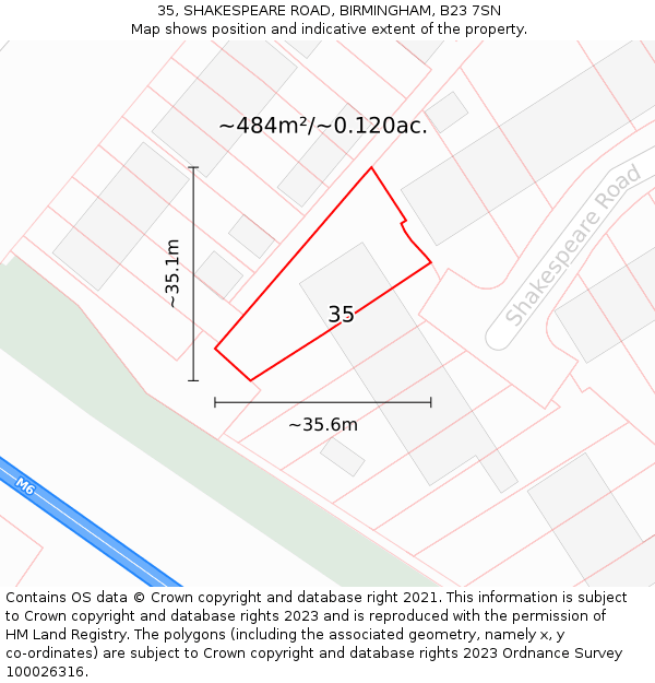 35, SHAKESPEARE ROAD, BIRMINGHAM, B23 7SN: Plot and title map