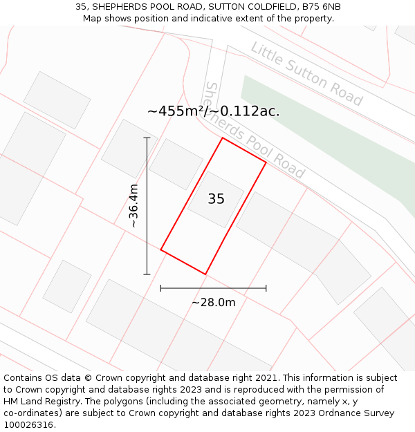 35, SHEPHERDS POOL ROAD, SUTTON COLDFIELD, B75 6NB: Plot and title map