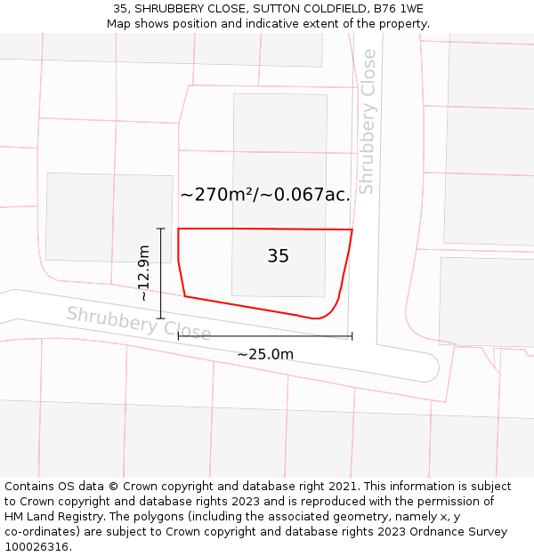 35, SHRUBBERY CLOSE, SUTTON COLDFIELD, B76 1WE: Plot and title map