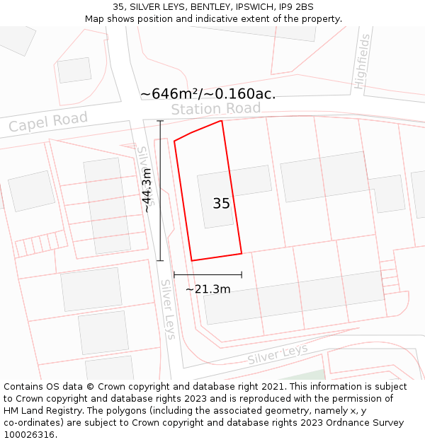 35, SILVER LEYS, BENTLEY, IPSWICH, IP9 2BS: Plot and title map