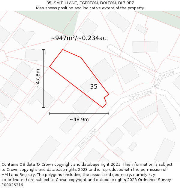 35, SMITH LANE, EGERTON, BOLTON, BL7 9EZ: Plot and title map