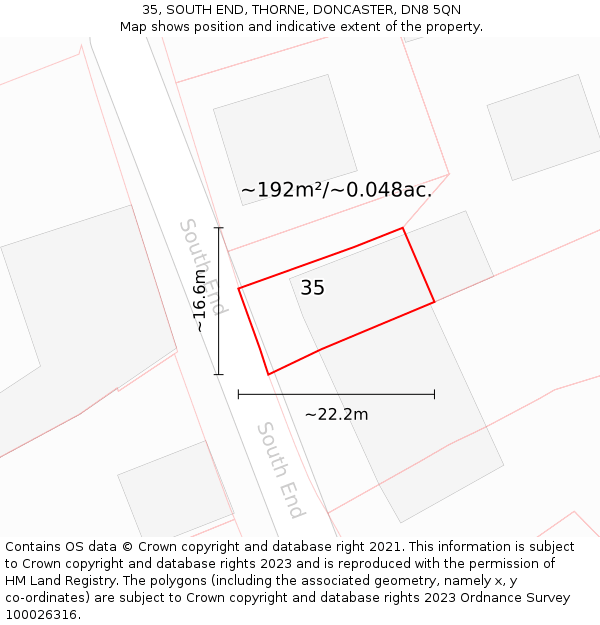 35, SOUTH END, THORNE, DONCASTER, DN8 5QN: Plot and title map