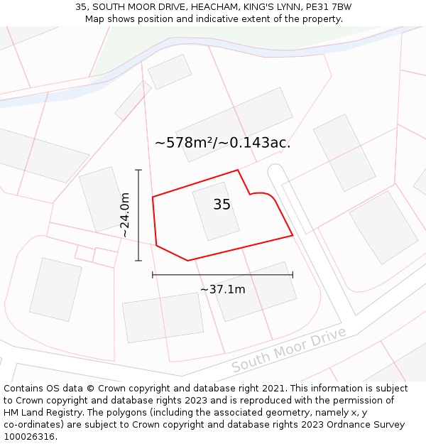35, SOUTH MOOR DRIVE, HEACHAM, KING'S LYNN, PE31 7BW: Plot and title map