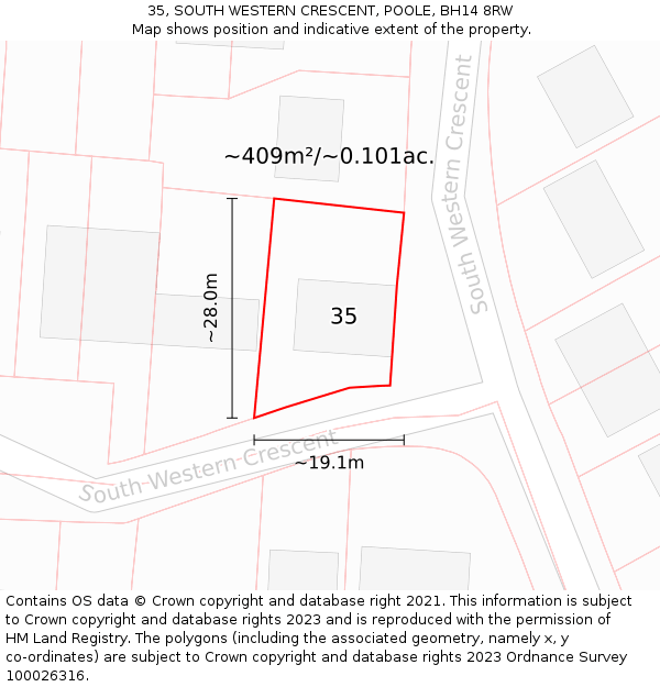 35, SOUTH WESTERN CRESCENT, POOLE, BH14 8RW: Plot and title map